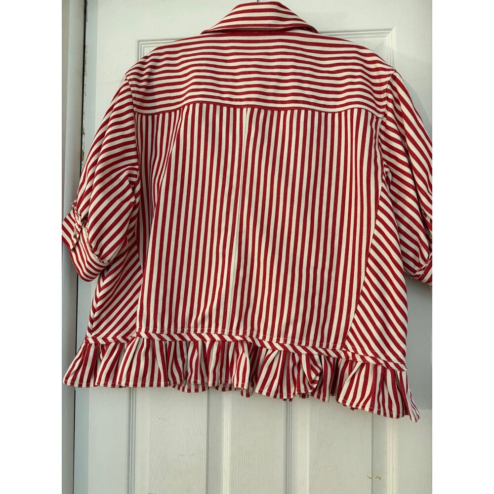Fate Red White Striped Ruffle Hem Button Down Blouse Size Small Elbow Sleeve - Picture 3 of 9